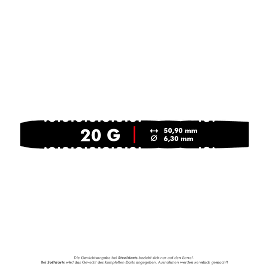 RD2471_Red_Dragon_Gerwyn_Price_Thunderbolt_Softdarts_5_20gV5Da1X7jiv3N6 Das Bild zeigt die Produktinformationen der Red Dragon Gerwyn Price Thunderbolt Softdarts mit 20 Gramm. Die Darts haben eine Länge von 50,90 mm und einen Durchmesser von 6,30 mm.