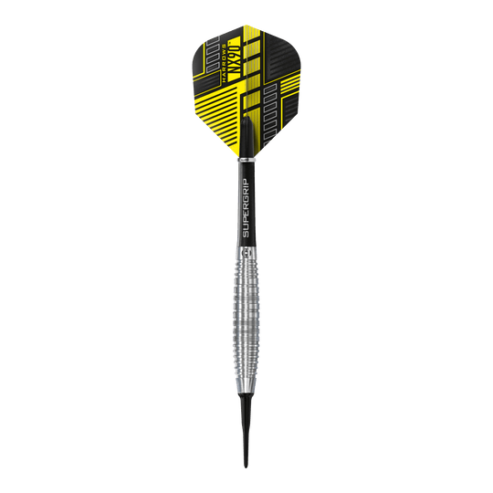 Harrows NX90 Bomb Soft Darts Das Bild zeigt einen Harrows NX90 Bomb Softdart mit einem silbernen, geriffelten Barrel. Die Flight-Feder ist schwarz und gelb gemustert und trägt den Produktnamen.