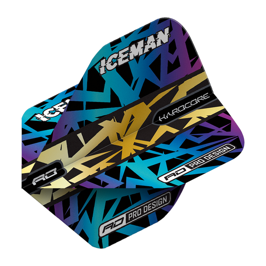Das Bild zeigt die Red Dragon Hardcore Gerwyn Price Rainbow Gold Standard Flights. Die Flights haben ein auffälliges, buntes Design mit den Aufschriften "ICEMAN", "HARDCORE" und "PRO DESIGN".