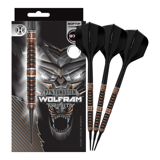 Das Bild zeigt die Harrows Wolfram Trinity Softdarts in voller Ansicht. Die Softdarts sind hochwertig verarbeitet.