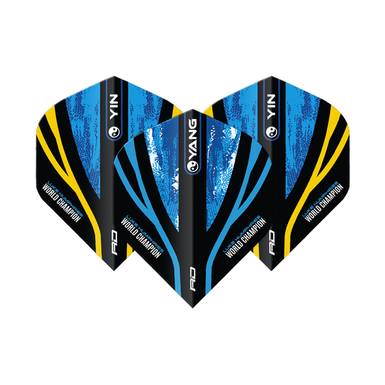 Das Bild zeigt drei Dart-Flights mit dem Design "Red Dragon Luke Humphries World Champion Blue Gold Yin Yang Standard Flights". Die Flights sind in Blau, Schwarz und Gold gehalten und tragen die Aufschrift "World Champion".