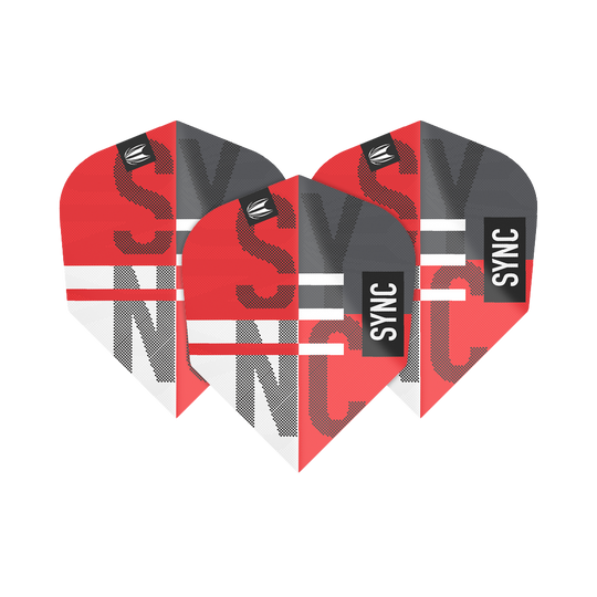 Das Bild zeigt drei rote und graue Dartflights mit der Aufschrift "SYNC". Es handelt sich um das Produkt "Target ProUltra Sync No6 Flights".