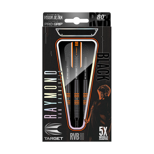Das Bild zeigt die Verpackung der "Target RVB 80% Black Tungsten Softdarts". Auf der Verpackung sind drei Darts sowie der Name Raymond van Barneveld und der Hinweis auf 80% Tungsten zu sehen.