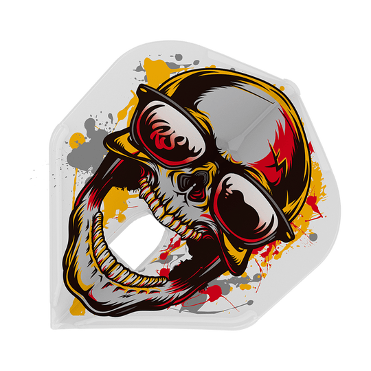 Das Bild zeigt das Produkt „L-Style Marijanovic V1 L1PRO Standard Flights“. Auf dem Flight ist ein farbenfrohes Totenkopfdesign mit Sonnenbrille und bunten Farbspritzern abgebildet.
