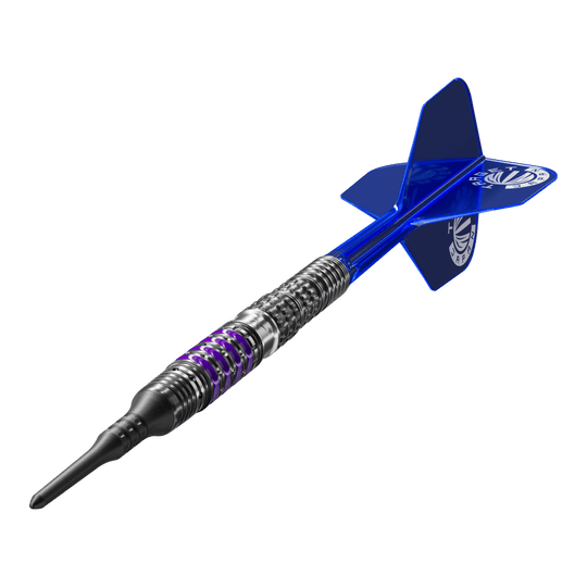 Target Japan Prime Series Sirius GEN4 Soft Darts - 21.5g Das Bild zeigt einen modernen Softdart aus der Produktreihe „Target Japan Prime Series Sirius GEN4“ mit einem Gewicht von 21,5g. Der Dart hat ein auffälliges, silber-schwarzes Design mit lila Akzenten und blauen Flights.