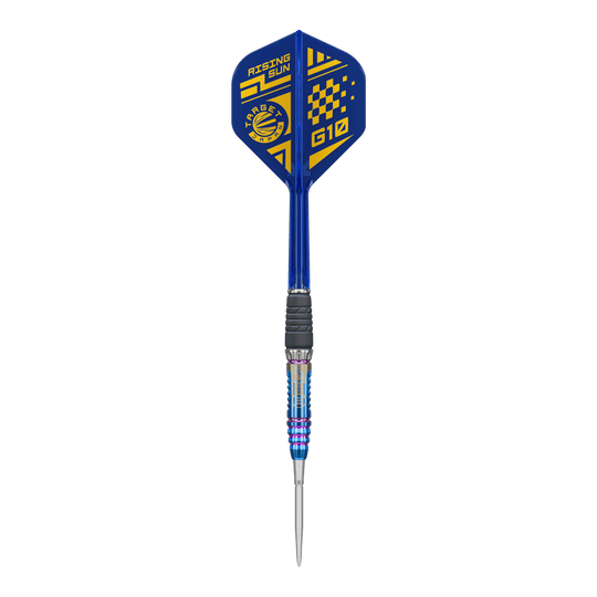 Target Japan Rising Sun GEN10 Swiss Point Steeldarts Dies ist ein Bild der Target Japan Rising Sun GEN10 Swiss Point Steeldarts. Drei silberne Darts mit blauen Highlights sind zu sehen.