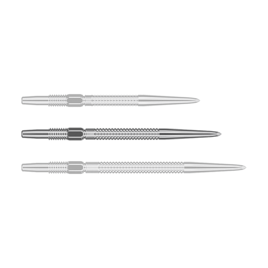 Das Bild zeigt drei silberne Dartspitzen des Produkts „Target Swiss Point GRD Silver Dartspitzen“. Die Spitzen sind nebeneinander angeordnet und haben eine feine Riffelung.