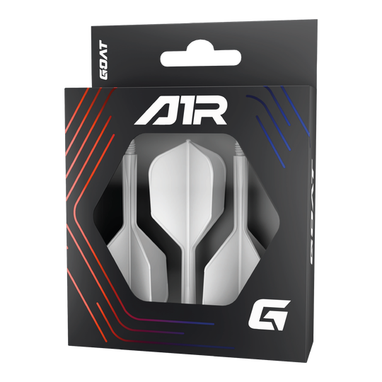 GOAT A1R No6 Flight Shaft System - White Die Abbildung zeigt das Produkt „GOAT A1R No6 Flight-Shaft-System - Weiß“ in einer schwarzen Verpackung mit Sichtfenster. In der Verpackung sind drei weiße Dart-Flights mit Schäften zu sehen.