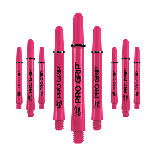 Auf dem Bild sind neun pinke Pro Grip Shafts zu sehen, die für Dartpfeile verwendet werden. Sie sind gleichmäßig angeordnet und tragen den Schriftzug "PRO GRIP" in schwarzer Farbe.