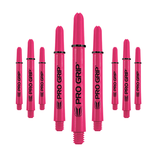 Target Pro Grip Shafts - 3 Sets - Pink Auf dem Bild sind neun pinke Pro Grip Shafts zu sehen, die für Dartpfeile verwendet werden. Sie sind gleichmäßig angeordnet und tragen den Schriftzug "PRO GRIP" in schwarzer Farbe.