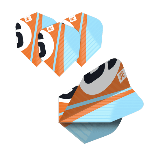 Das Bild zeigt fünf Sets der Target Pro Ultra Chicane Multipack Ten-X Flights. Die Flights haben ein auffälliges Design in Orange, Hellblau, Schwarz und Weiß.