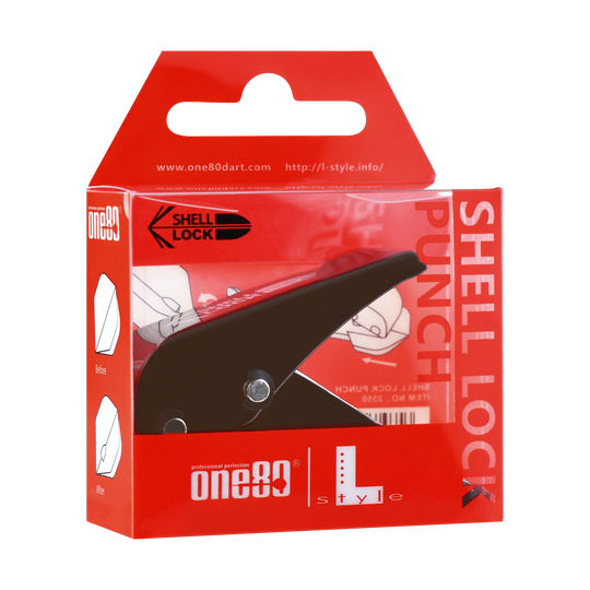 Das Bild zeigt die Verpackung des Produkts "L-Style One80 Shell Lock Punch Flightlocher". In der Packung befindet sich ein schwarzer Lochstanzer für Dart-Flights.