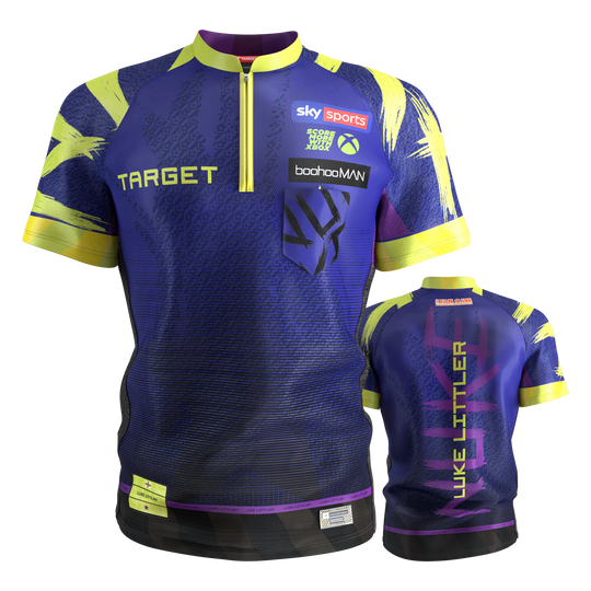 Target Luke Littler dart shirt 2026 Das Bild zeigt das Target Luke Littler Dartshirt 2026. Die Kleidung wurde speziell für Dartsport entworfen.