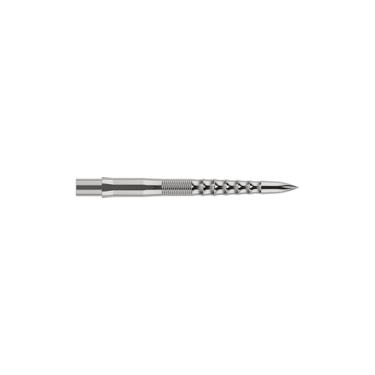 Auf dem Bild ist eine silberne Steeldartspitze mit feinen Rillen und einem speziellen Riffel-Design zu sehen. Sie ist lang und schmal und wirkt sehr präzise verarbeitet.
