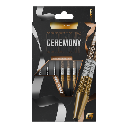 GOAT Ceremony Tungsten Steel Darts Die Abbildung zeigt eine Packung „GOAT Ceremony Tungsten Steeldarts“. Die Verpackung hebt die Eigenschaften wie 90% Tungsten und Grip-Tech besonders hervor.