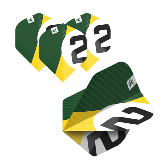 Das Bild zeigt fünf Sätze Target Pro Ultra Chicane No2 Standard Flights für Dartpfeile. Die Flights sind grün, gelb und weiß mit einer großen schwarzen "2" darauf.