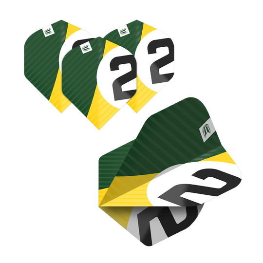 337204_Target_ProUltra_5Sets_Multipack_Chicane_No2_Standard_Flights_2T6fbrXu1nCn0A Das Bild zeigt fünf Sätze Target Pro Ultra Chicane No2 Standard Flights für Dartpfeile. Die Flights sind grün, gelb und weiß mit einer großen schwarzen "2" darauf.