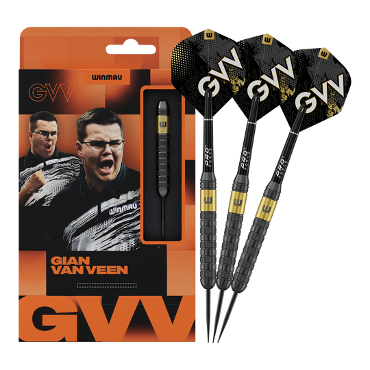 Winmau Gian Van Veen Core Brass Steeldarts - 21g Auf diesem Bild sieht man Winmau Gian Van Veen Core Brass Steeldarts mit 21 Gramm. Die Dartpfeile liegen nebeneinander und sind gut erkennbar.