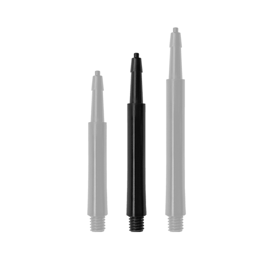 Das Bild zeigt drei schwarze Harrows Clic Standard Shafts in verschiedenen Längen. Die Shafts sind für Dartpfeile geeignet.
