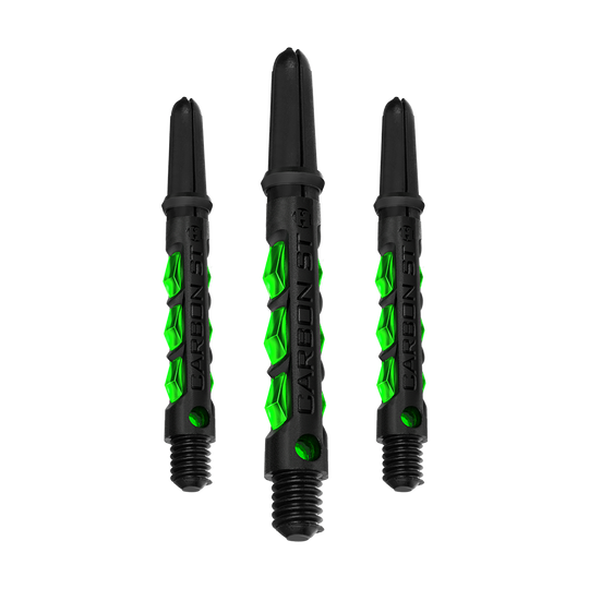 HR423_Harrows_Carbon_ST_Shafts_Gr-n_40mm_1dr8A9ag3UCSKA Harrows Carbon ST Shafts, einzeln dargestellt. Mattes Material und dezente Akzente sind sichtbar.