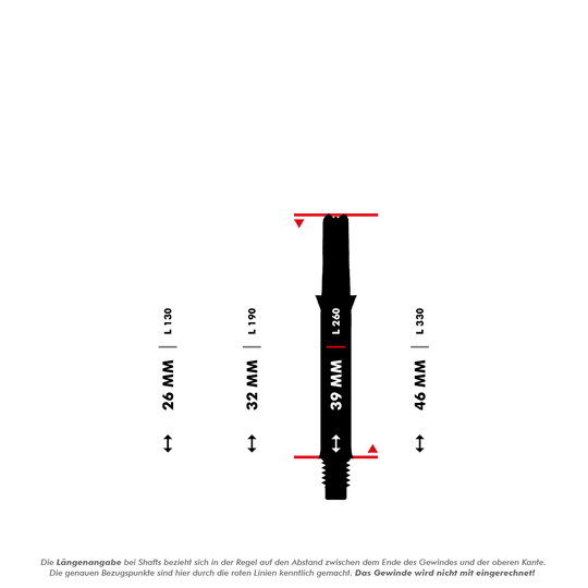 L-L-Style-Shafts Silent Straight - Black Das Bild zeigt verschiedene Längen von geraden Dartshafts, die in Millimetern angegeben sind. Die L-Shaft mit einer Länge von 39 mm ist in der Mitte hervorgehoben dargestellt.