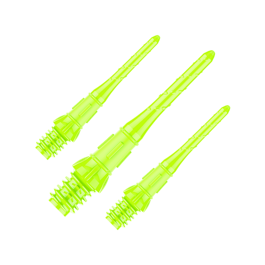 Auf dem Bild sind drei neon-gelbe Dartspitzen zu sehen. Sie liegen nebeneinander und sind aus Kunststoff gefertigt.