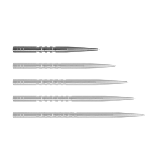 Condor Beak Point With Cut dart tips Auf dem Bild sind fünf silberne Dartspitzen nebeneinander zu sehen. Sie haben eine gerade Form mit feinen Rillen im hinteren Bereich und einer spitzen Vorderseite.