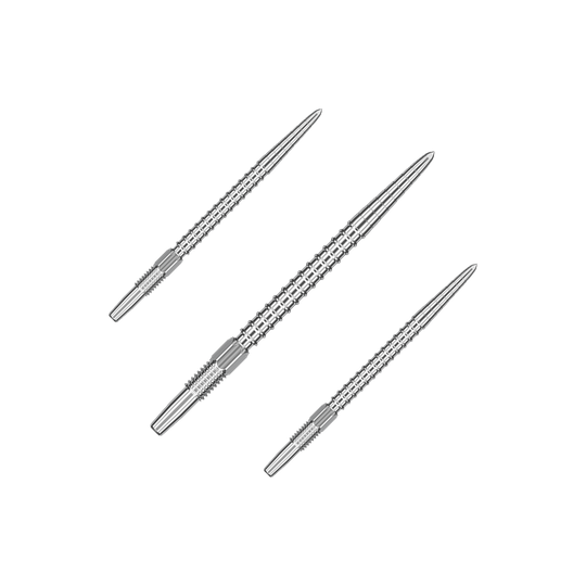 Das Bild zeigt drei silberne Dartspitzen, die nebeneinander angeordnet sind. Sie haben ein geriffeltes Muster für besseren Halt.