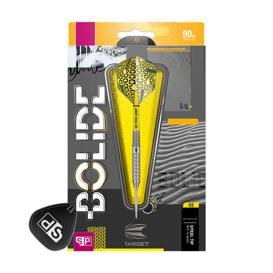 Das Bild zeigt das Produkt "Target Bolide 02 Swiss Point Steeldarts" in einer auffälligen gelb-schwarzen Verpackung. Auf der Verpackung sind Informationen wie 90% Tungsten und die Produktdetails gut sichtbar.