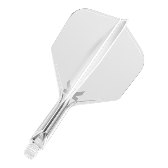 Target K-Flex No6 Flight System - Clear Das Bild zeigt ein durchsichtiges Dart-Flightsystem mit einem integrierten Schaft. Es ist vor schwarzem Hintergrund abgebildet.