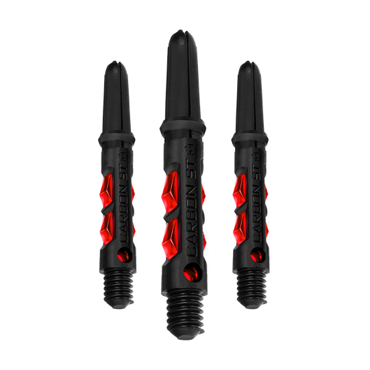 Das Bild zeigt drei schwarze Harrows Carbon ST Shafts mit roten Akzenten. Die Schäfte sind für Dartpfeile gedacht und haben ein modernes, stylisches Design.