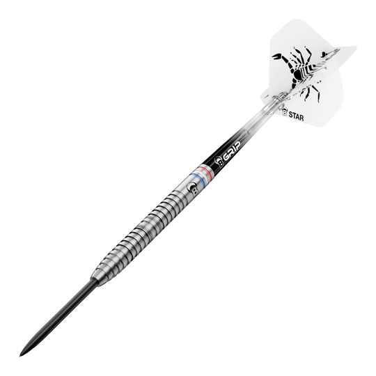 Bulls Challenger Kendji Steinbach Steeldarts - 23g Abgebildet sind die Bulls Challenger Kendji Steinbach Steeldarts mit einem Gewicht von 23g. Die Darts haben ein markantes Design und sind speziell für Steeldart-Spieler entwickelt.