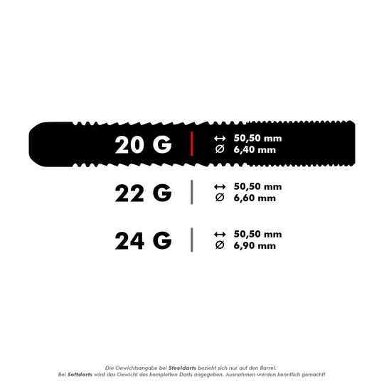 Unicorn The Machine James Wade 80% steel darts Das Bild zeigt die technischen Daten von Steeldarts in den Gewichtsklassen 20 g, 22 g und 24 g. Für jedes Gewicht sind die Länge (50,50 mm) und der Durchmesser (6,40 mm, 6,60 mm, 6,90 mm) angegeben.
