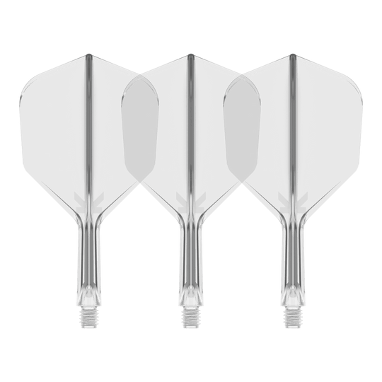 Target K-Flex No6 Flight System - Clear Auf dem Bild sind drei durchsichtige Dartflights mit integriertem Schaft zu sehen. Sie stehen nebeneinander vor schwarzem Hintergrund.