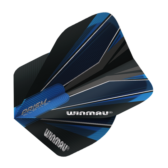 Das Bild zeigt das Produkt "Winmau Prism Alpha Blue Standard 2 Flights". Die Flights sind überwiegend blau und schwarz mit dynamischen Linien und dem Winmau-Logo bedruckt.