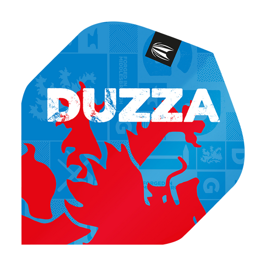 Das Bild zeigt die Target ProUltra Glen Durrant No2 Standard Flights. Auf dem blauen Flight steht in großen weißen Buchstaben "DUZZA" und es ist ein rotes grafisches Motiv zu sehen.