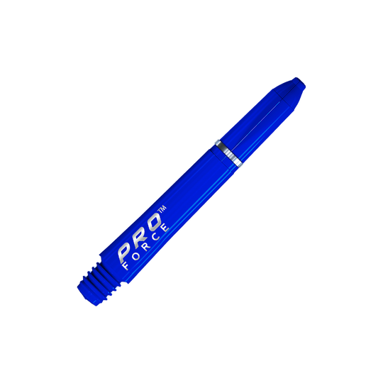 Das Bild zeigt einen blauen Winmau Pro-Force Shafts. Auf der Seite steht in weißer Schrift "PRO FORCE".
