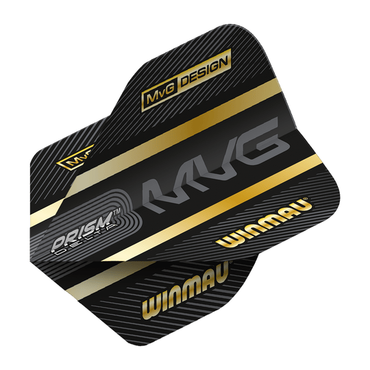 Die Abbildung zeigt das Produkt "Winmau Prism Delta MvG Standard Flights". Die Flights sind schwarz mit goldenen Akzenten und tragen die Aufschriften "MvG", "WINMAU" und "PRISM DELTA".
