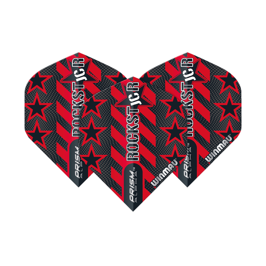 Das Bild zeigt die Winmau Prism Alpha Joe Cullen Standard Flights. Die Flights sind schwarz und rot mit Sternen und dem Schriftzug "ROCKSTAR" gestaltet.