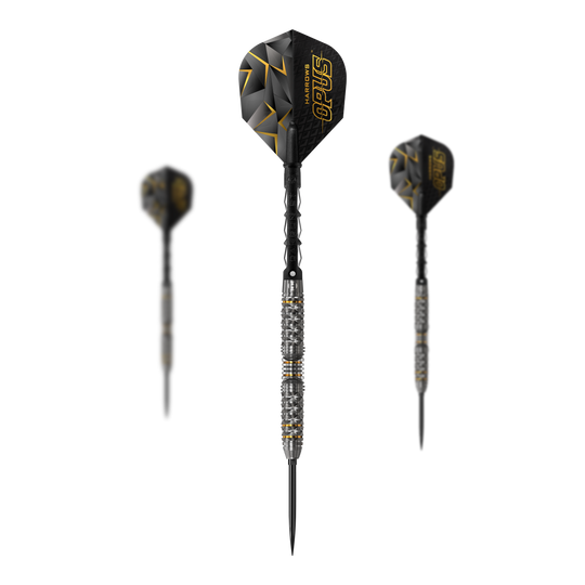 Harrow's Opus Quick Point steel darts Harrows Opus Quick Point Steeldarts - 23g. Auf dem Bild ist ein Set Steeldarts mit dem Namen Harrows Opus Quick Point zu sehen.