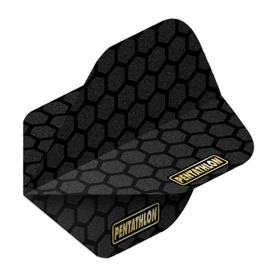 Pentathlon Flights RT Honeycomb Das Bild zeigt ein Dartflügel mit dem Namen „Pentathlon RT Honeycomb No2 Standard Flights“. Das Design ist schwarz mit einem grau-schwarzen Wabenmuster und dem Pentathlon-Logo.