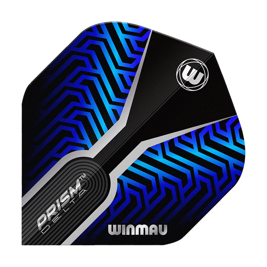 Hier zu sehen sind die Winmau Prism Delta Blue No2 Standard Flights. Die Dart Flights verfügen über ein auffälliges blau-schwarzes Muster.