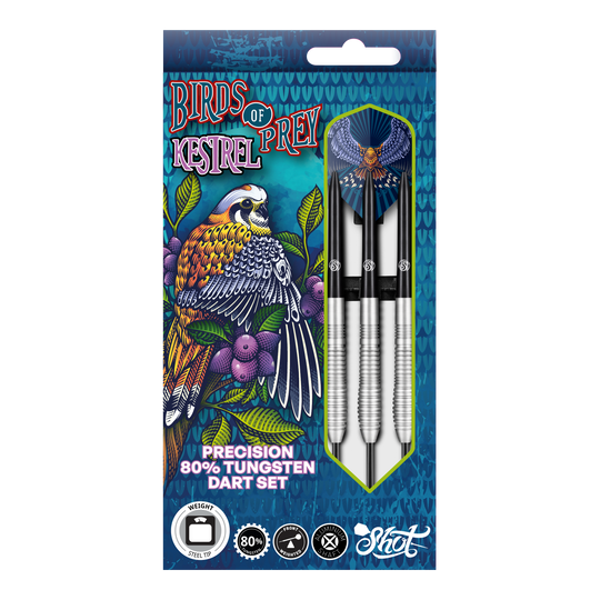 Shot Birds Of Prey Kestrel Steel Darts Das Bild zeigt die Verpackung der "Shot Birds Of Prey Kestrel Steeldarts". Auf der Verpackung ist ein bunter Vogel abgebildet, und die Darts bestehen aus 80% Tungsten.