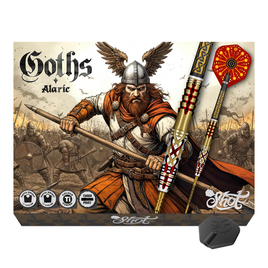 Shot Goths Alaric Turbo Point Steel Darts - 23g Hier sieht man die Shot Goths Alaric Turbo Point Steeldarts - 23g. Sie sind ideal für Präzision und Kontrolle.