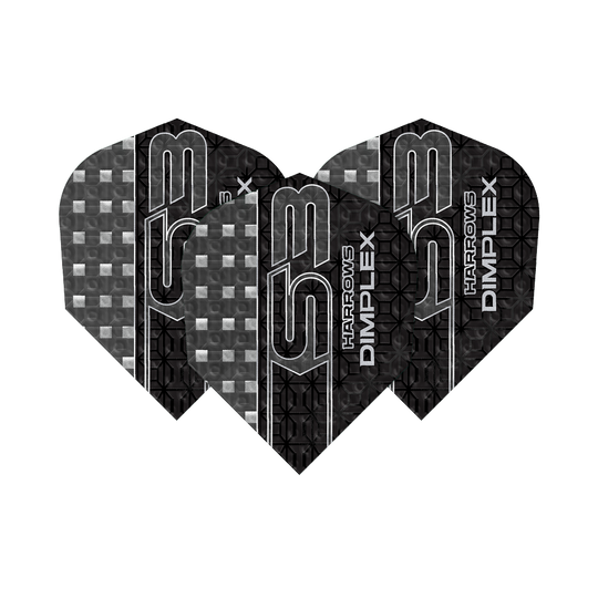 Das Bild zeigt drei Dartflights des Modells "Harrows Dimplex S3" in der Farbe Smokey. Die Flights haben ein schwarzes, graues Muster mit silberner Beschriftung.