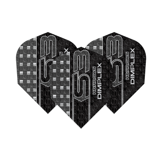 Harrows Dimplex S3 Flights - Smokey Das Bild zeigt drei Dartflights des Modells "Harrows Dimplex S3" in der Farbe Smokey. Die Flights haben ein schwarzes, graues Muster mit silberner Beschriftung.