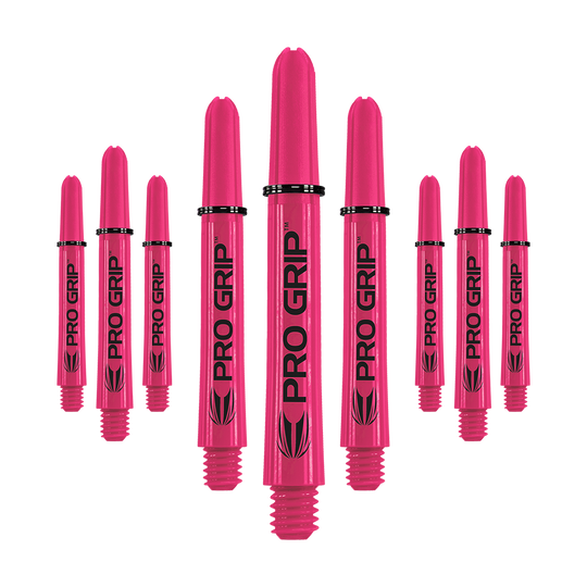 Target Pro Grip Shafts - 3 Sets - Pink Das Bild zeigt neun pinke Dartshafts mit der Aufschrift "PRO GRIP". Die Shafts sind in drei Reihen angeordnet und heben sich deutlich vor dem weißen Hintergrund ab.