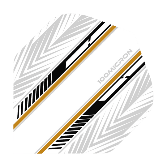 Das Bild zeigt das Produkt "Pentathlon White Black Gold No2 Standard Flights". Das Flight ist überwiegend weiß mit schwarzen, goldenen und grauen Mustern sowie der Aufschrift "100 MICRON".