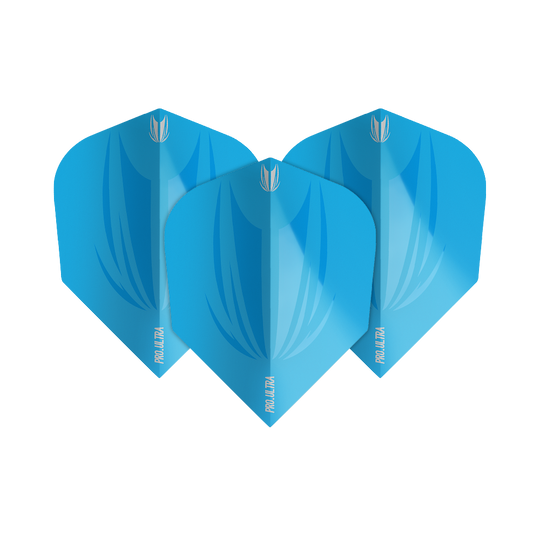 Das Bild zeigt drei blaue Dart-Flights mit dem Namen "Target ProUltra ID Lime Blue No6". Auf jedem Flight steht unten das Wort "PRO ULTRA".