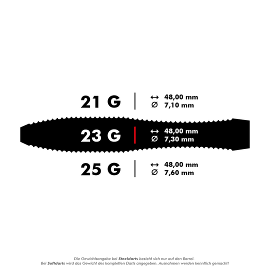 Harrows Anniversary Edition V-Wing Steel Darts Das Bild zeigt die Spezifikationen von Steeldarts mit den Gewichten 21 g, 23 g und 25 g. Länge und Durchmesser der Darts sind jeweils angegeben, wobei alle Darts 48,00 mm lang sind und sich im Durchmesser unterscheiden.